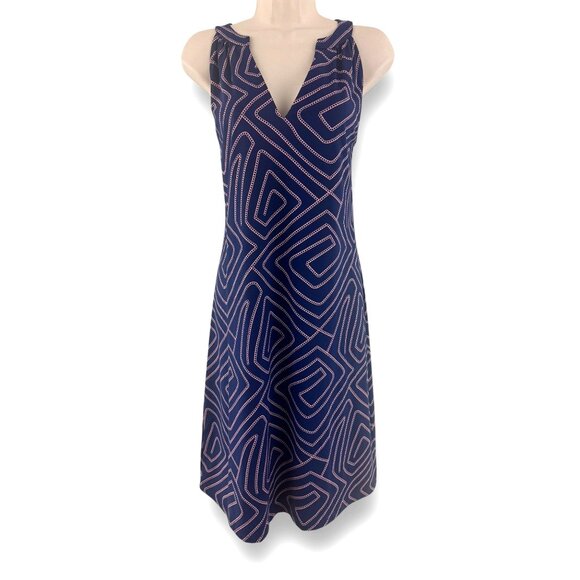 Size 14 ELLIE KAI NAVY BLUE PINK GEOMETRIC STRETCH DRESS‎ Summer Vacation Cruise - Picture 1 of 8